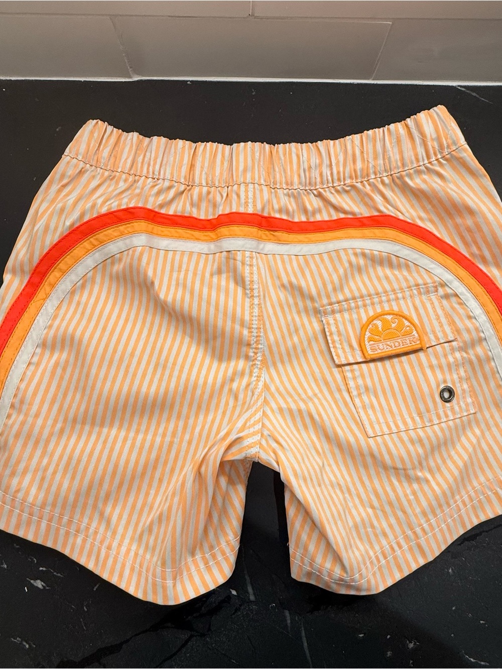 Sundek Pale Orange Striped Swim Shorts with Red-Orange Piping